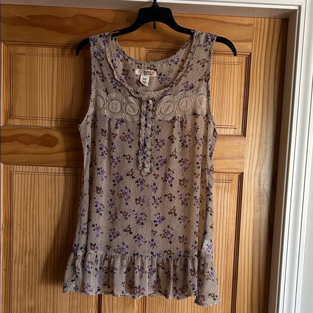 Route 66 Floral Sleeveless Blouse - Purple and Tan